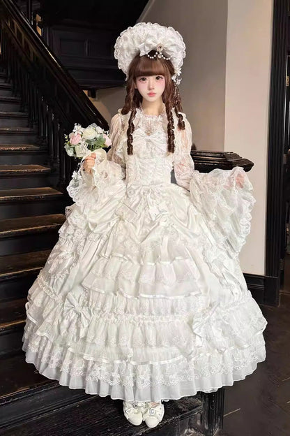 Sweet Lolita JSK - Ode Of The Curtain, White, Layered, Lace-Up, Bow Detail - additional product view 5