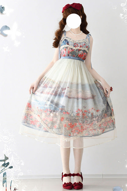 Sweet Lolita JSK - Oil Painting – Island Garden, Multi-Color, Printed, Bow Detail - additional product view 3