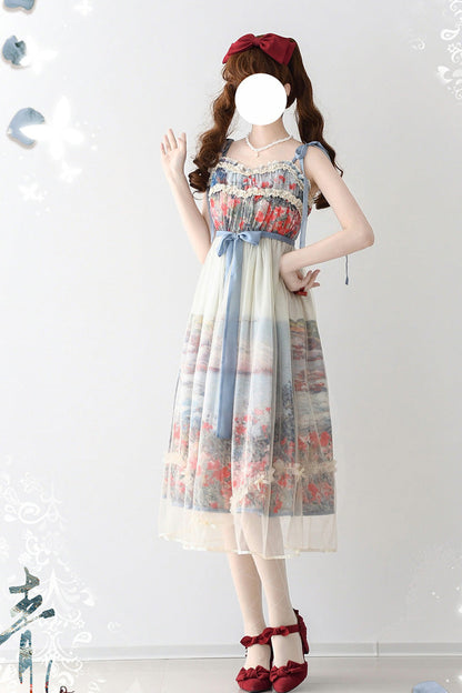 Sweet Lolita JSK - Oil Painting – Island Garden, Multi-Color, Printed, Bow Detail - additional product view 4