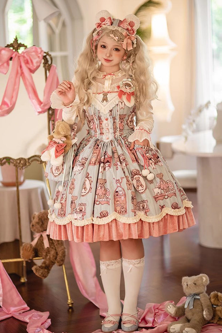 Sweet Lolita JSK - Pink/green Bear Doll Wall Print, 2 Colors, Printed, Embroidered - additional product view 2