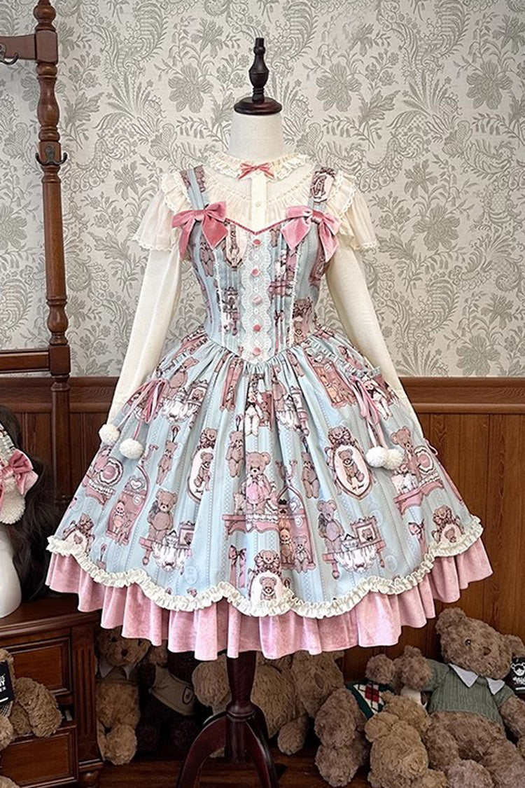 Sweet Lolita JSK - Pink/green Bear Doll Wall Print, 2 Colors, Printed, Embroidered - additional product view 3