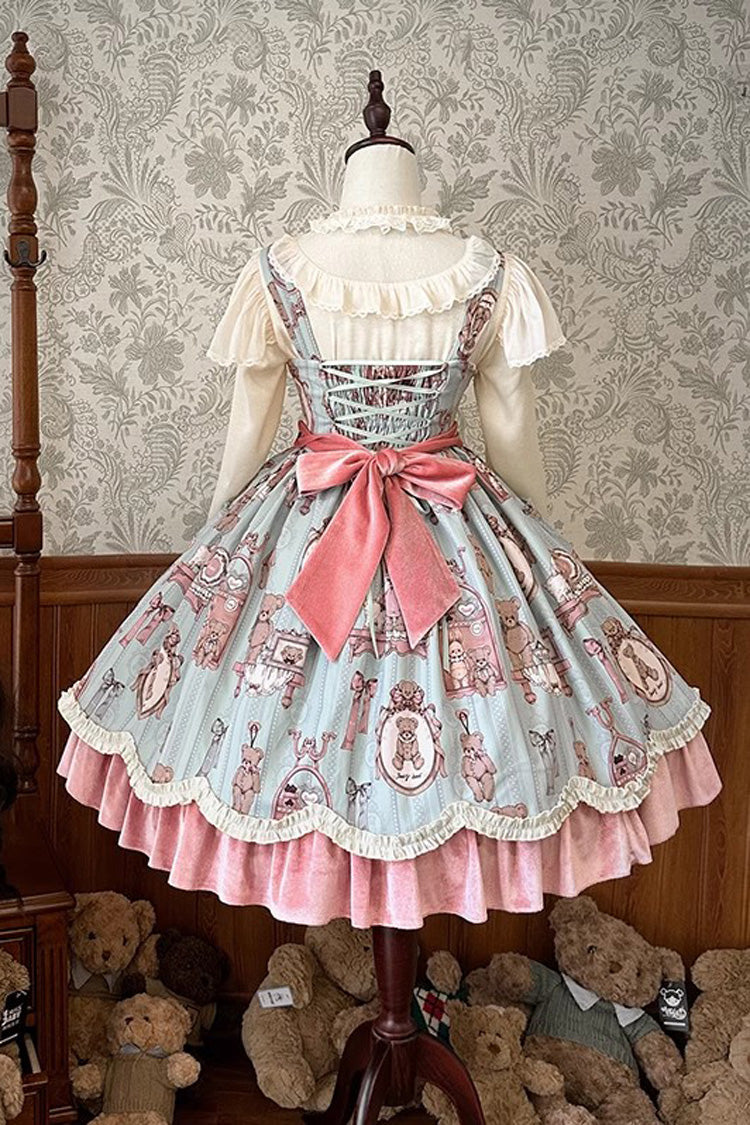 Sweet Lolita JSK - Pink/green Bear Doll Wall Print, 2 Colors, Printed, Embroidered - additional product view 4