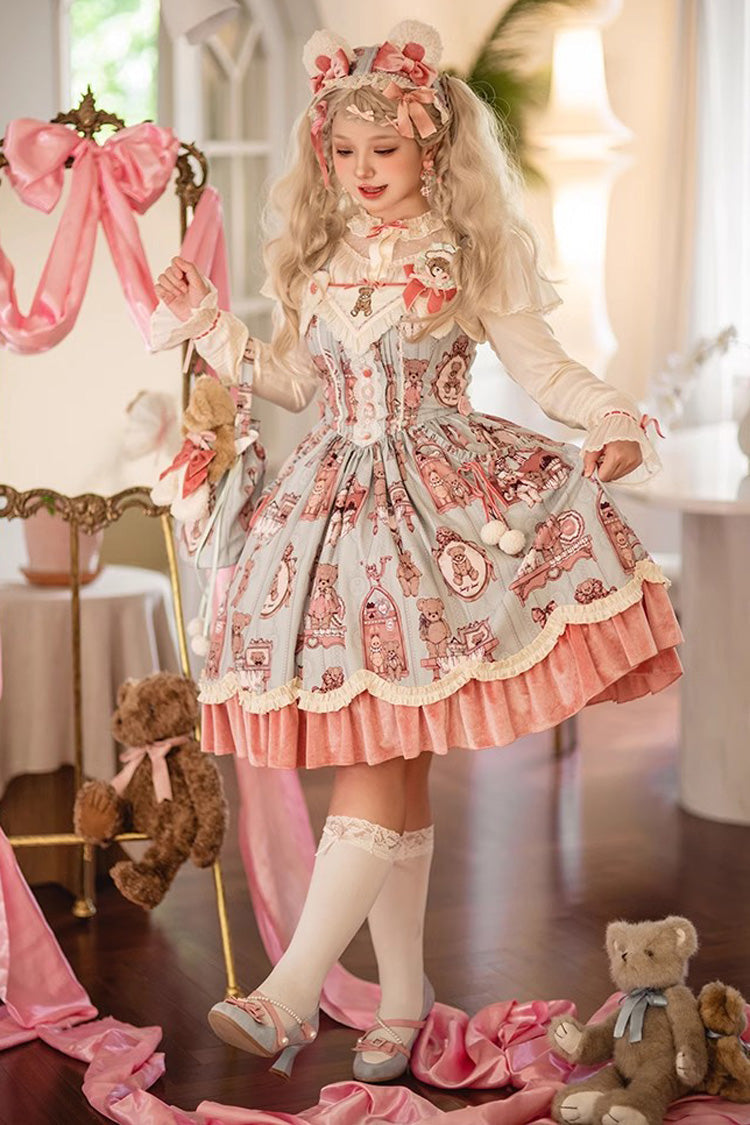 Sweet Lolita JSK - Pink/green Bear Doll Wall Print, 2 Colors, Printed, Embroidered - additional product view 5
