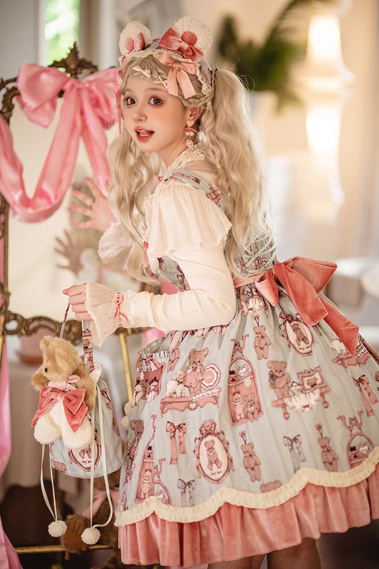 Sweet Lolita JSK - Pink/green Bear Doll Wall Print, 2 Colors, Printed, Embroidered - additional product view 6
