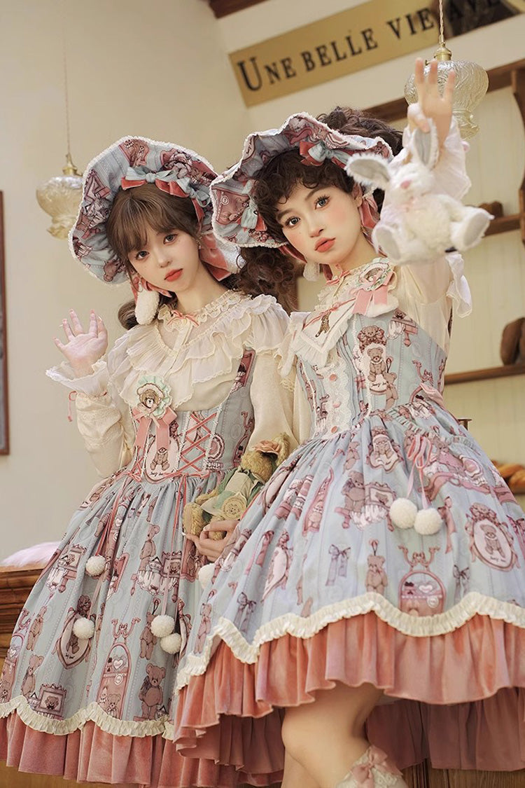 Sweet Lolita JSK - Pink/green Bear Doll Wall Print, 2 Colors, Printed, Embroidered - additional product view 7