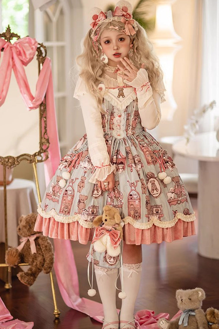 Sweet Lolita JSK - Pink/green Bear Doll Wall Print, 2 Colors, Printed, Embroidered - main product image