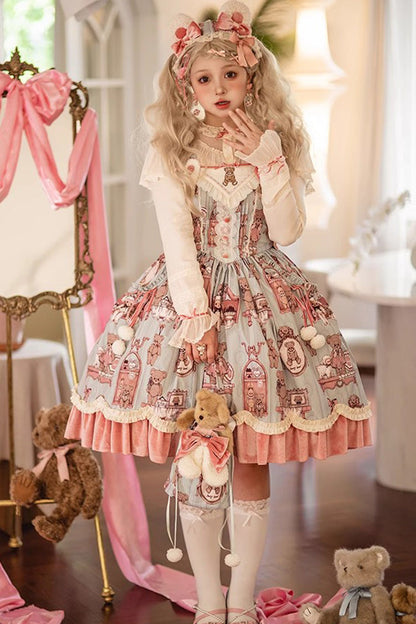 Sweet Lolita JSK - Pink/green Bear Doll Wall Print, 2 Colors, Printed, Embroidered - main product image