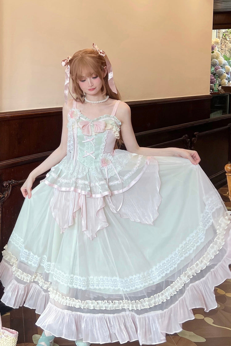 Sweet Lolita JSK - Pink/green Summer Garden, 2 Colors, Long Length, Bow Detail, Lace Trim - additional product view 2