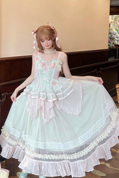Sweet Lolita JSK - Pink/green Summer Garden, 2 Colors, Long Length, Bow Detail, Lace Trim - additional product view 2