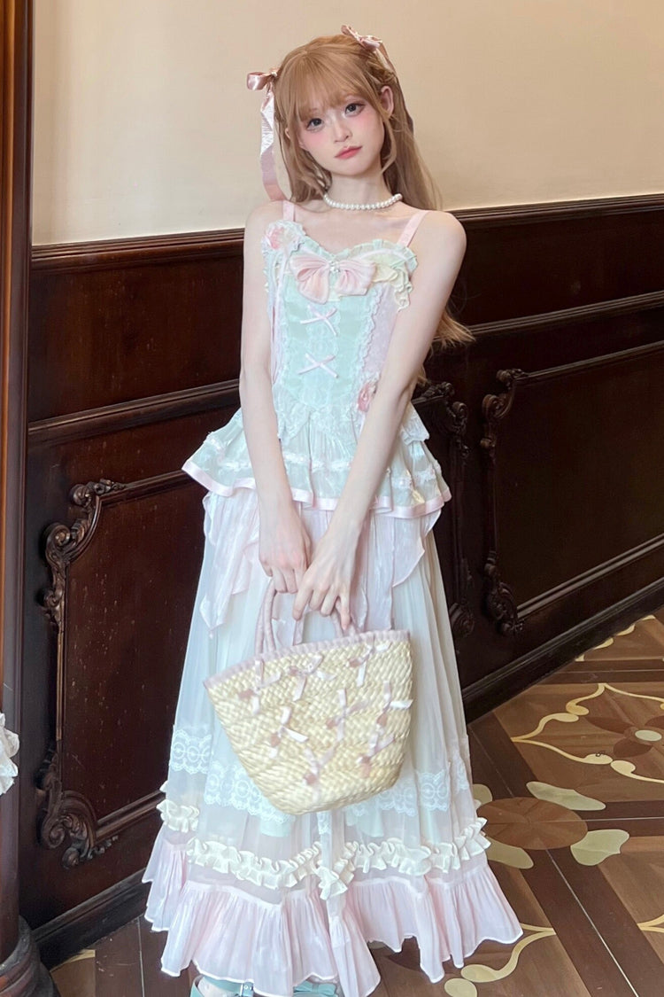 Sweet Lolita JSK - Pink/green Summer Garden, 2 Colors, Long Length, Bow Detail, Lace Trim - additional product view 3
