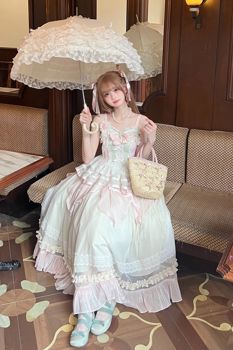 Sweet Lolita JSK - Pink/green Summer Garden, 2 Colors, Long Length, Bow Detail, Lace Trim - additional product view 4