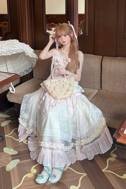 Sweet Lolita JSK - Pink/green Summer Garden, 2 Colors, Long Length, Bow Detail, Lace Trim - additional product view 5