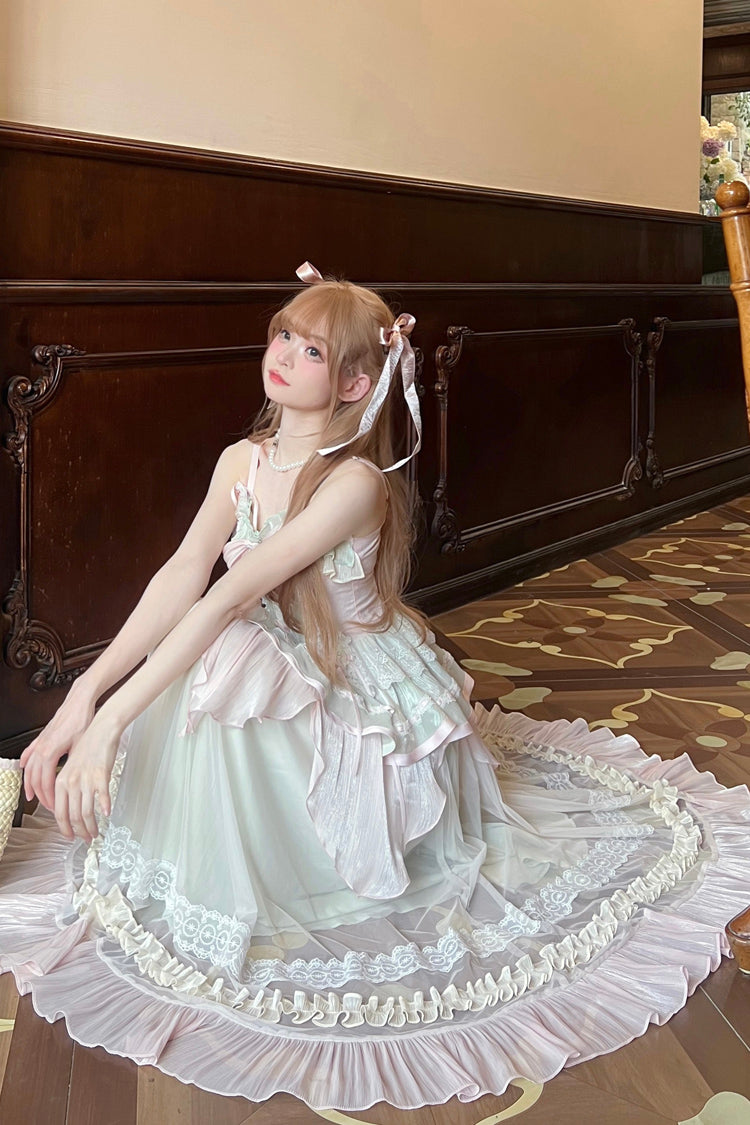 Sweet Lolita JSK - Pink/green Summer Garden, 2 Colors, Long Length, Bow Detail, Lace Trim - additional product view 6