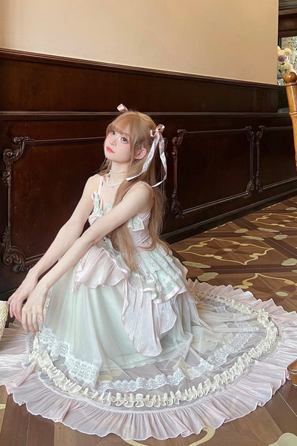 Sweet Lolita JSK - Pink/green Summer Garden, 2 Colors, Long Length, Bow Detail, Lace Trim - additional product view 6