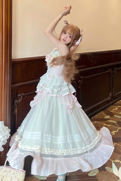 Sweet Lolita JSK - Pink/green Summer Garden, 2 Colors, Long Length, Bow Detail, Lace Trim - additional product view 7