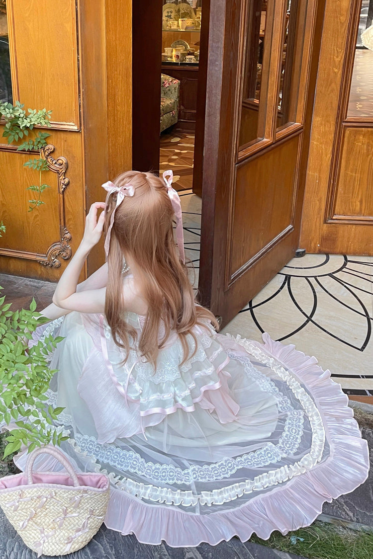 Sweet Lolita JSK - Pink/green Summer Garden, 2 Colors, Long Length, Bow Detail, Lace Trim - additional product view 8