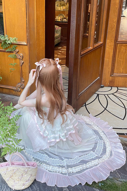 Sweet Lolita JSK - Pink/green Summer Garden, 2 Colors, Long Length, Bow Detail, Lace Trim - additional product view 8