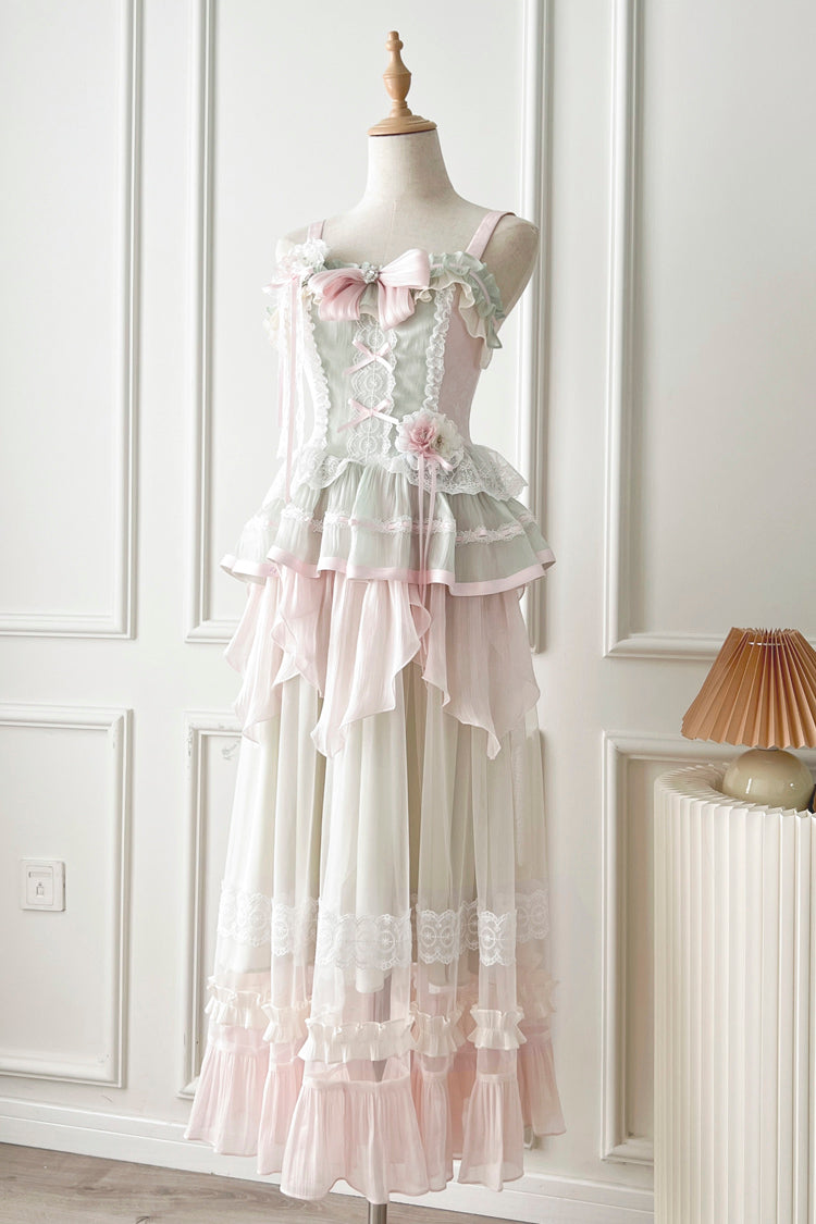 Sweet Lolita JSK - Pink/green Summer Garden, 2 Colors, Long Length, Bow Detail, Lace Trim - main product image