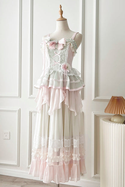 Sweet Lolita JSK - Pink/green Summer Garden, 2 Colors, Long Length, Bow Detail, Lace Trim - main product image