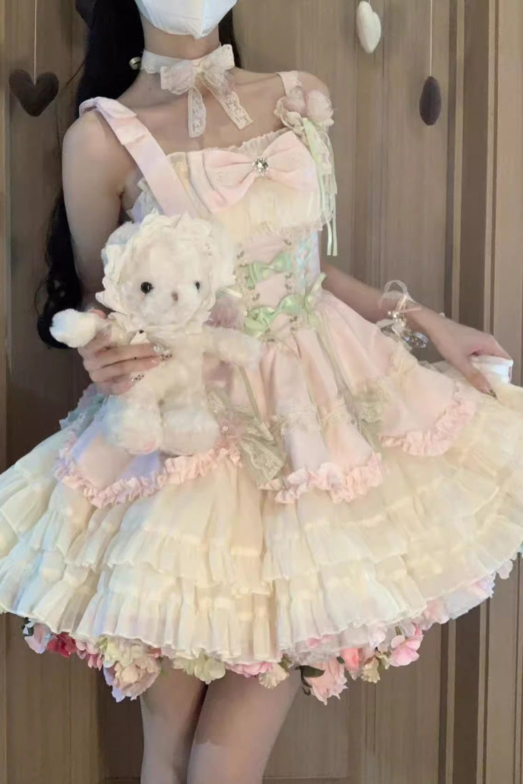 Sweet Lolita JSK - Pink/ivory Ballet Style Garden, 2 Colors, Ruffled, Bow Detail - additional product view 2