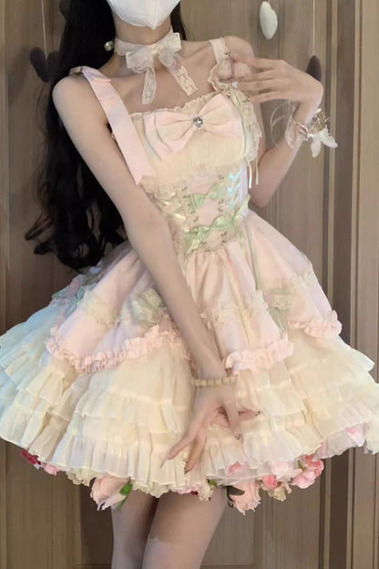 Sweet Lolita JSK - Pink/ivory Ballet Style Garden, 2 Colors, Ruffled, Bow Detail - additional product view 3