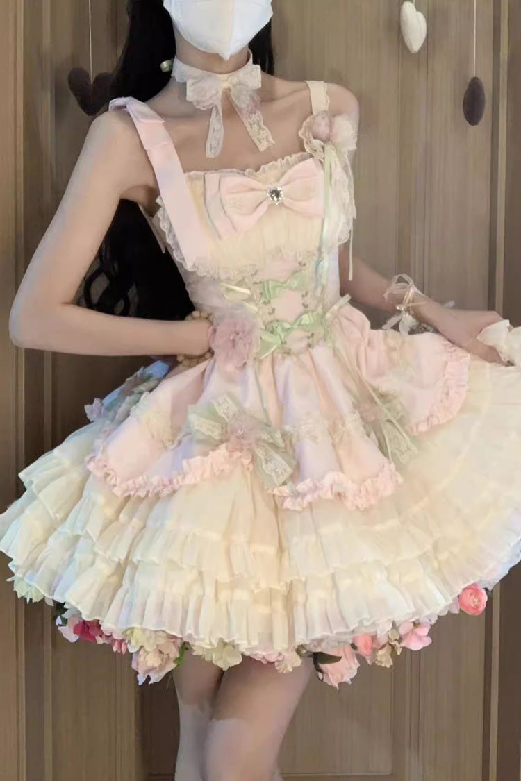Sweet Lolita JSK - Pink/ivory Ballet Style Garden, 2 Colors, Ruffled, Bow Detail - additional product view 4