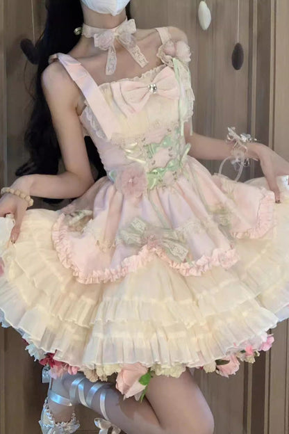 Sweet Lolita JSK - Pink/ivory Ballet Style Garden, 2 Colors, Ruffled, Bow Detail - additional product view 5