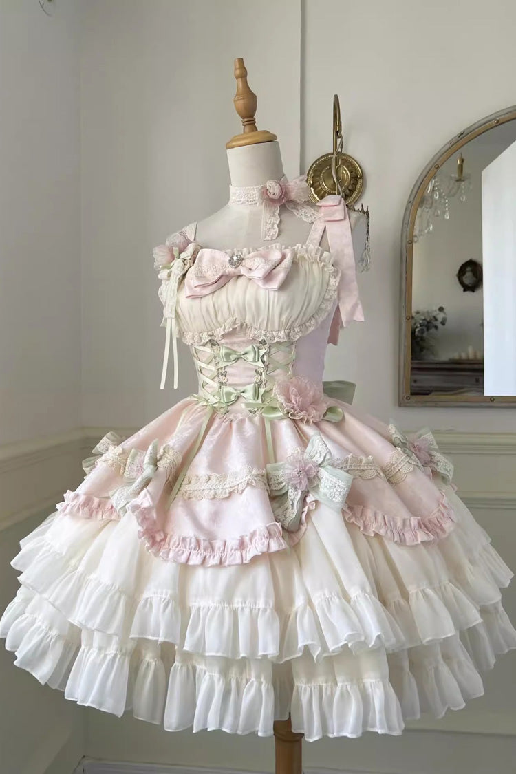 Sweet Lolita JSK - Pink/ivory Ballet Style Garden, 2 Colors, Ruffled, Bow Detail - main product image