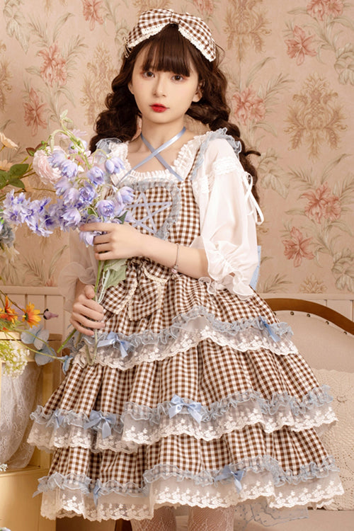 Sweet Lolita JSK - Plaid Print, Brown, Plaid, Lace Trim, Ruffled - additional product view 2