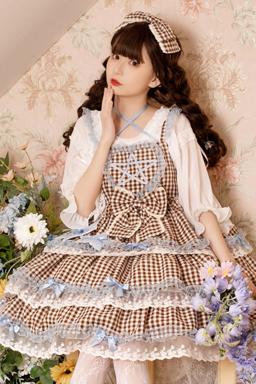 Sweet Lolita JSK - Plaid Print, Brown, Plaid, Lace Trim, Ruffled - additional product view 3