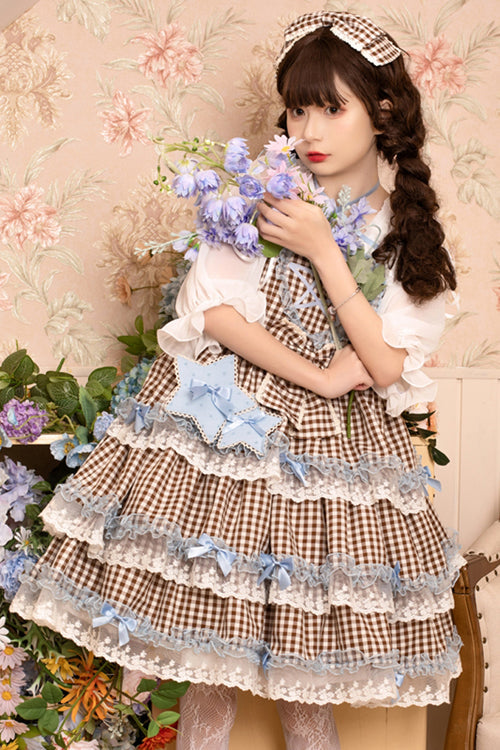 Sweet Lolita JSK - Plaid Print, Brown, Plaid, Lace Trim, Ruffled - additional product view 4