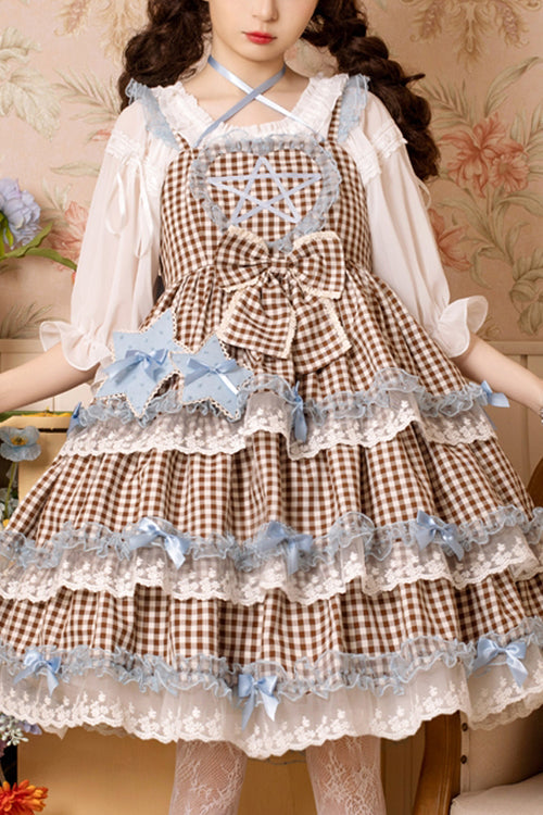 Sweet Lolita JSK - Plaid Print, Brown, Plaid, Lace Trim, Ruffled - main product image