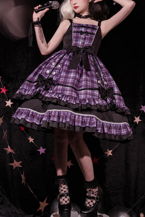 Sweet Lolita JSK - Plaid Print Multi-layer, Purple, Plaid, Printed, Ruffled - main product image