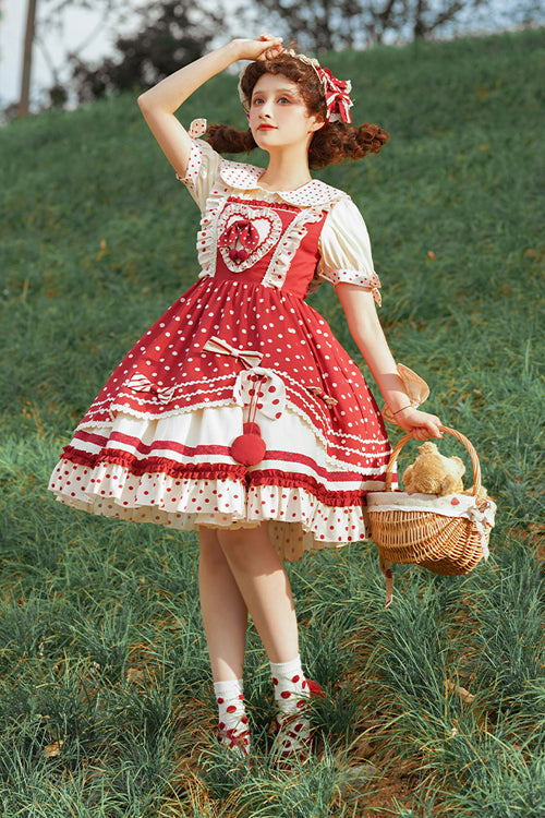 Sweet Lolita JSK - Polka Dot Print Multi-layer, Red, Ruffled, Printed - additional product view 2