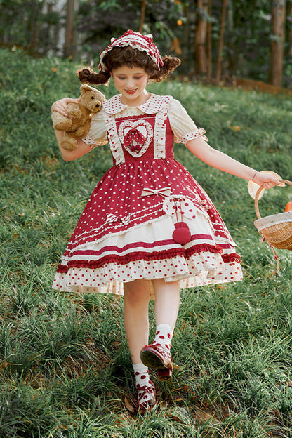 Sweet Lolita JSK - Polka Dot Print Multi-layer, Red, Ruffled, Printed - additional product view 3