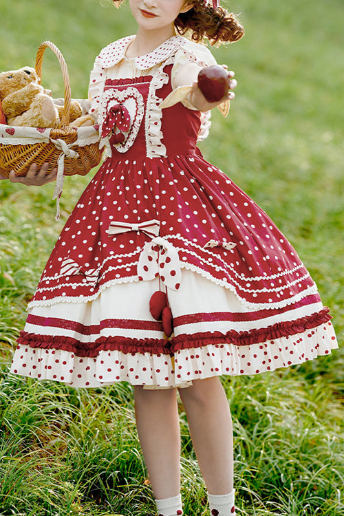 Sweet Lolita JSK - Polka Dot Print Multi-layer, Red, Ruffled, Printed - main product image