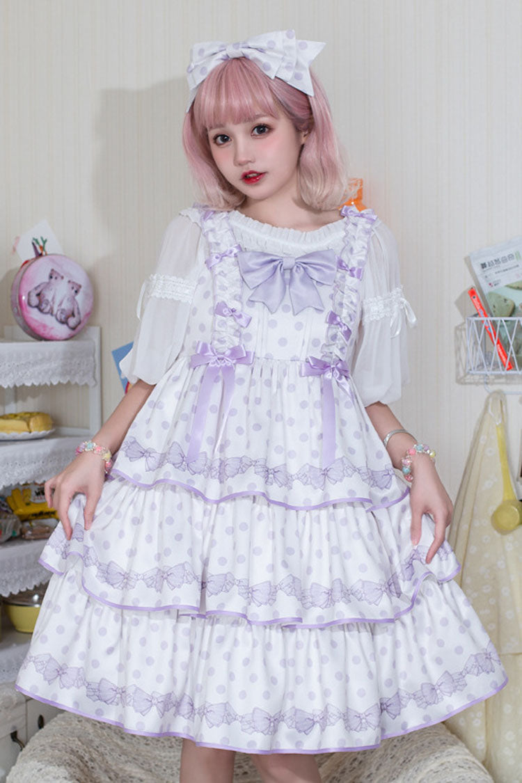 Sweet Lolita JSK - Polka Point Print, 2 Colors, Bow Detail, Printed - S White/Purple / M White/Purple / L White/Purple option