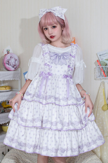 Sweet Lolita JSK - Polka Point Print, 2 Colors, Bow Detail, Printed - S White/Purple / M White/Purple / L White/Purple option