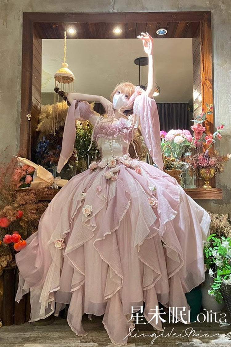 Sweet Lolita JSK - Praise Of The Flower Goddess, 2 Colors, Lace Trim, Ruffled, Bow Detail - main product image