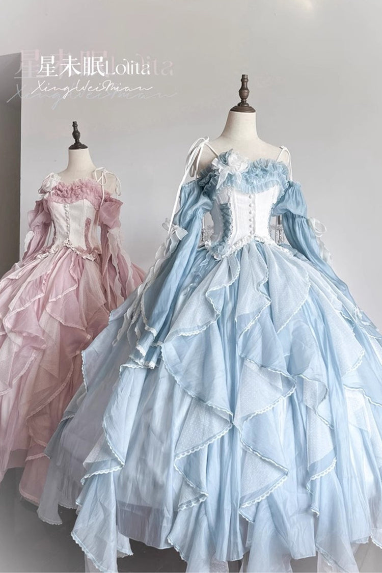 Sweet Lolita JSK - Praise Of The Flower Goddess, 2 Colors, Lace Trim, Ruffled, Bow Detail - S Blue / M Blue / L Blue option
