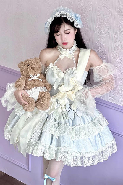 Sweet Lolita JSK - Princess, 4 Colors, Lace Trim, Ruffled, Bow Detail - S Light Blue / M Light Blue / L Light Blue option