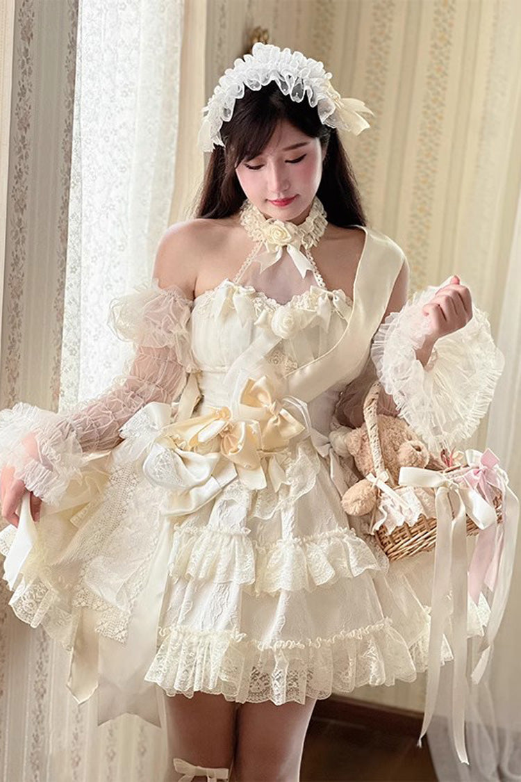 Sweet Lolita JSK - Princess, 4 Colors, Lace Trim, Ruffled, Bow Detail - S White / M White / L White option