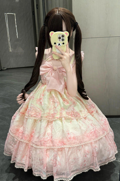 Sweet Lolita JSK - Print, Pink, Printed, Embroidered, Bow Detail - main product image