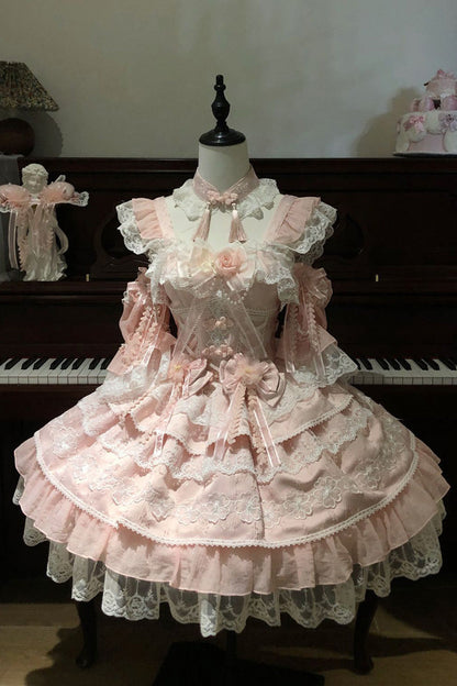 Sweet Lolita JSK - Rain Of Peaches, Pink, Chinese-Inspired Style, Bow Detail, Lace Trim - additional product view 2