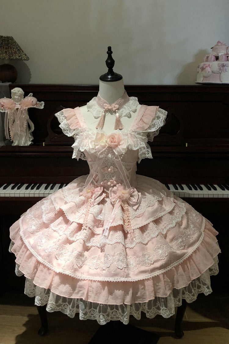 Sweet Lolita JSK - Rain Of Peaches, Pink, Chinese-Inspired Style, Bow Detail, Lace Trim - additional product view 3