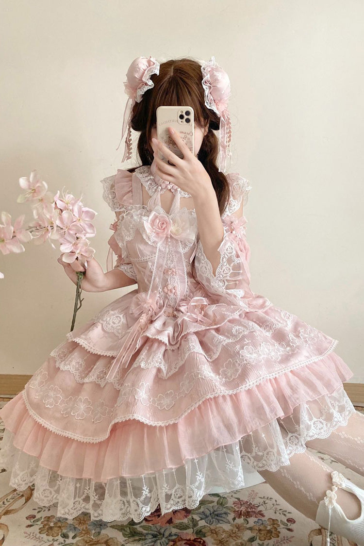 Sweet Lolita JSK - Rain Of Peaches, Pink, Chinese-Inspired Style, Bow Detail, Lace Trim - additional product view 4