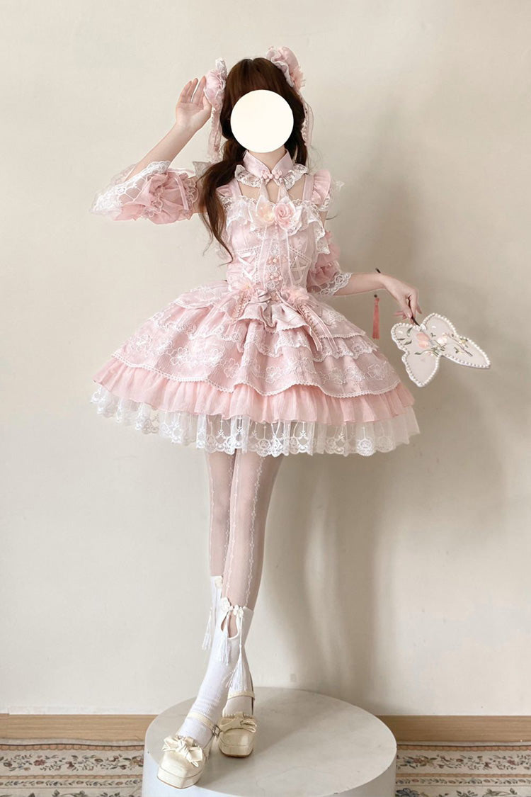 Sweet Lolita JSK - Rain Of Peaches, Pink, Chinese-Inspired Style, Bow Detail, Lace Trim - additional product view 5