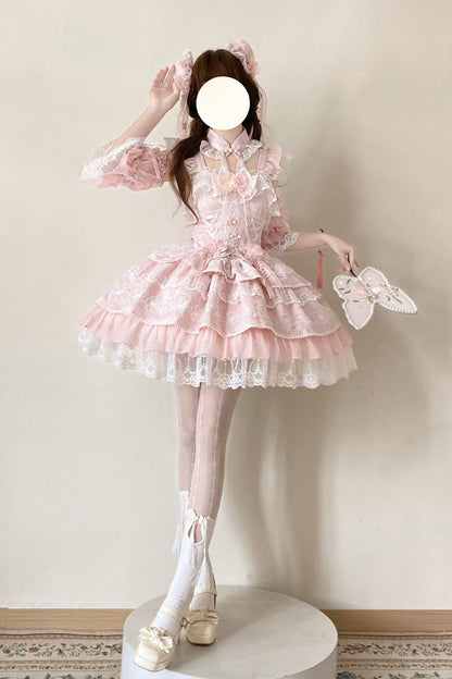 Sweet Lolita JSK - Rain Of Peaches, Pink, Chinese-Inspired Style, Bow Detail, Lace Trim - additional product view 5