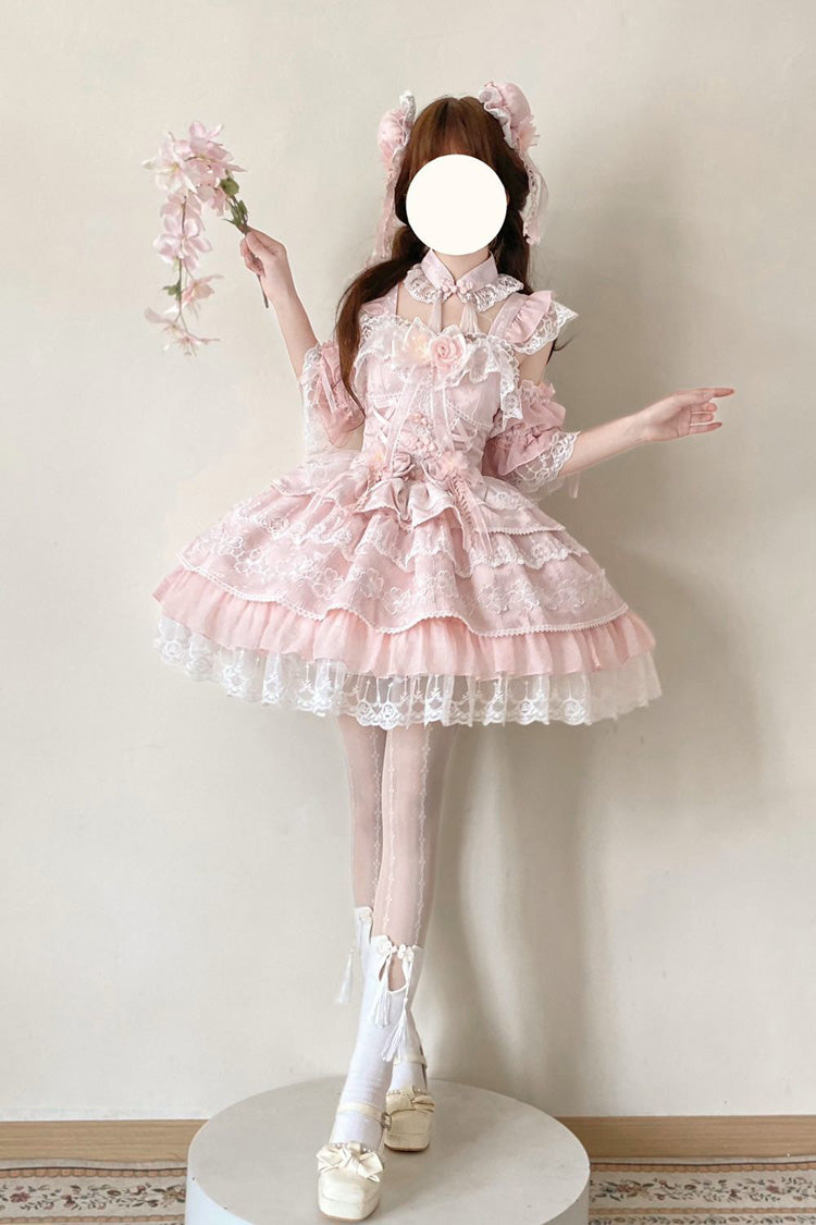 Sweet Lolita JSK - Rain Of Peaches, Pink, Chinese-Inspired Style, Bow Detail, Lace Trim - additional product view 6