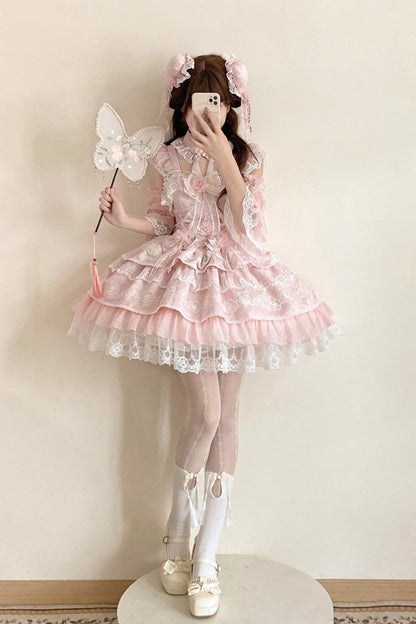 Sweet Lolita JSK - Rain Of Peaches, Pink, Chinese-Inspired Style, Bow Detail, Lace Trim - additional product view 7